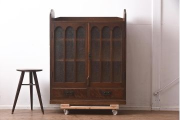 和製アンティーク　大正昭和初期　タモ材　栓材　上手物　ダイヤガラスがレトロな面持ちの本箱(ブックケース、戸棚、収納棚、飾り棚)(R-042931)