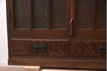 和製アンティーク　大正昭和初期　タモ材　栓材　上手物　ダイヤガラスがレトロな面持ちの本箱(ブックケース、戸棚、収納棚、飾り棚)(R-042931)