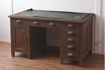 レトロ家具　ナラ材　木のぬくもり溢れる両袖机(ワークデスク、在宅ワーク、在宅用)(R-042932)