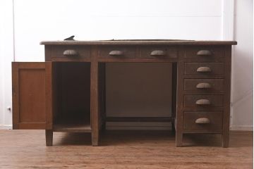 レトロ家具　ナラ材　木のぬくもり溢れる両袖机(ワークデスク、在宅ワーク、在宅用)(R-042932)