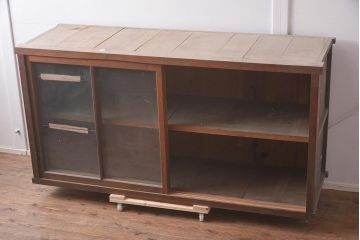 アンティーク家具　ヒノキ材　シンプルなガラス戸棚(サイドボード、キャビネット、収納棚)(R-042952)
