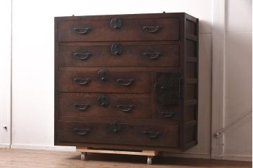 アンティーク家具　明治期　前面欅(ケヤキ)材　味わい漂う衣装箪笥(時代箪笥、収納箪笥、チェスト、引き出し)(R-042962)