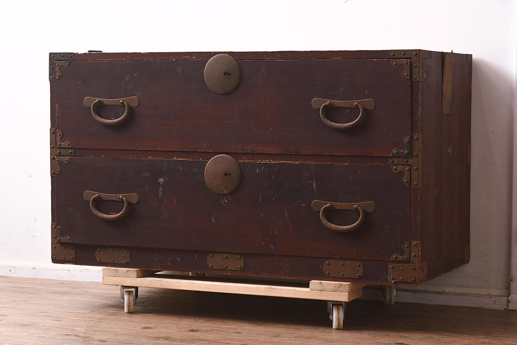 アンティーク家具　和製アンティーク　大正昭和初期　ヒノキ材　三段　和の風格漂う衣装箪笥(和箪笥)(R-042968)