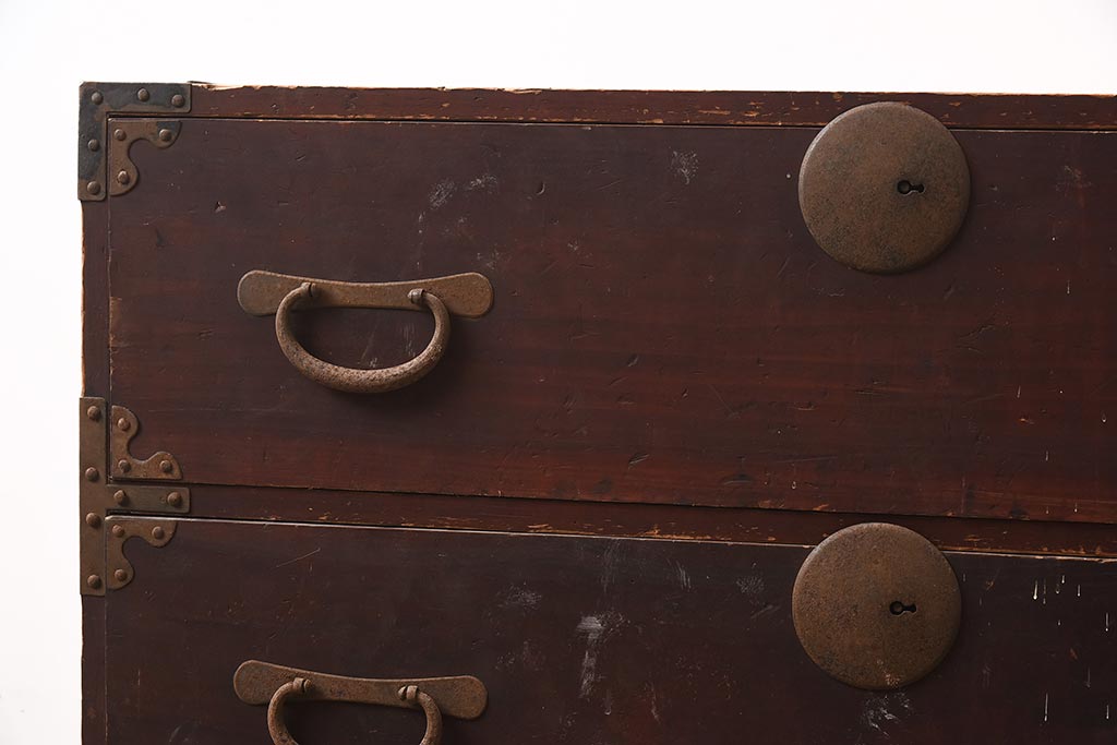 アンティーク家具　和製アンティーク　大正昭和初期　ヒノキ材　三段　和の風格漂う衣装箪笥(和箪笥)(R-042968)