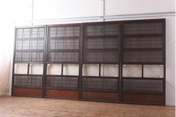 アンティーク建具　昭和初期　裏障子付き　腰板欅(ケヤキ)材　格子戸4枚セット(ガラス帯戸、引き戸)(R-042970)