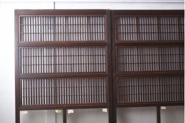 アンティーク建具　昭和初期　裏障子付き　腰板欅(ケヤキ)材　格子戸4枚セット(ガラス帯戸、引き戸)(R-042970)