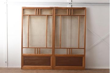 ビンテージ建具　上手物!　腰板栗材　レトロなガラス戸2枚セット(引き戸)(R-042971)
