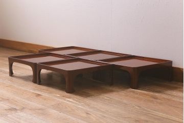 アンティーク雑貨　総ケヤキ材　杢目と漆塗りが美しいお膳5客セット(お盆)(R-042983)