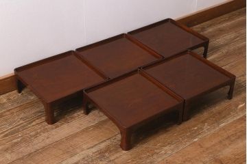 アンティーク雑貨　総ケヤキ材　杢目と漆塗りが美しいお膳5客セット(お盆)(R-042984)