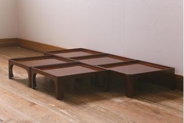 アンティーク雑貨　総ケヤキ材　杢目と漆塗りが美しいお膳5客セット(お盆)(R-042985)