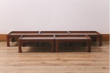 アンティーク雑貨　総ケヤキ材　杢目と漆塗りが美しいお膳5客セット(お盆)(R-042985)