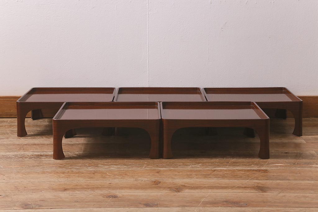 アンティーク雑貨　総ケヤキ材　杢目と漆塗りが美しいお膳5客セット(お盆)(R-042986)