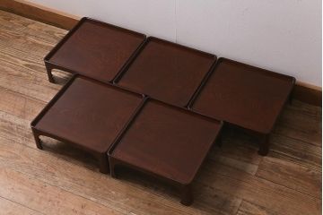 アンティーク雑貨　総ケヤキ材　杢目と漆塗りが美しいお膳5客セット(お盆)(R-042986)