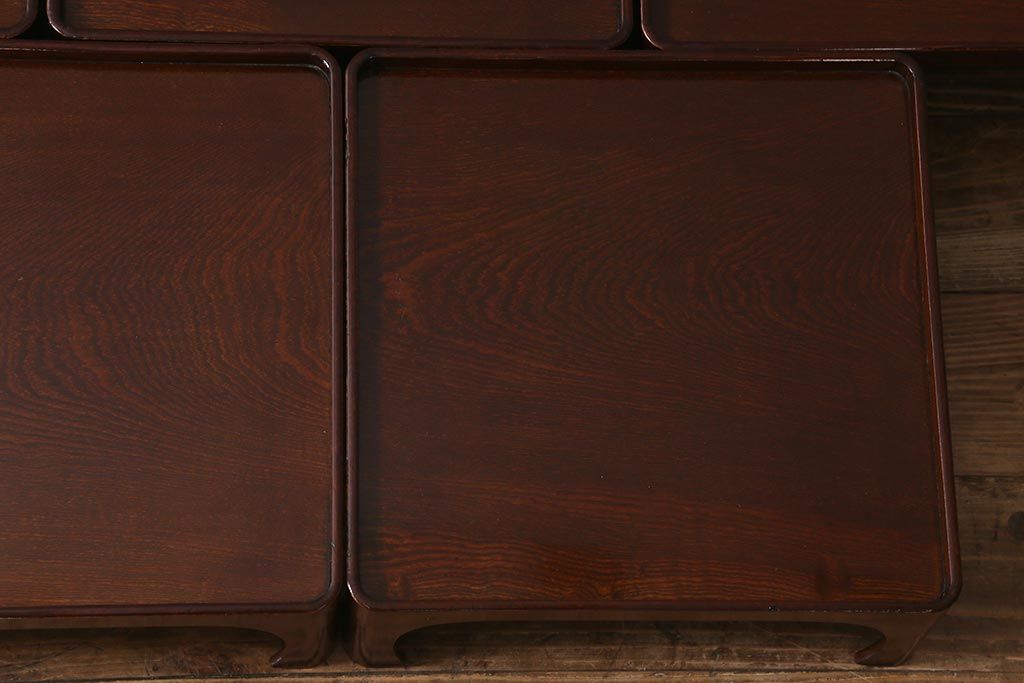 アンティーク雑貨　総ケヤキ材　杢目と漆塗りが美しいお膳5客セット(お盆)(R-042986)