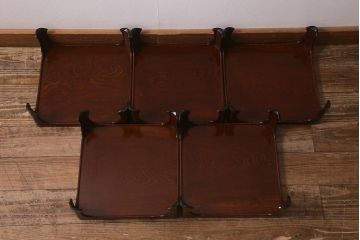 アンティーク雑貨　総ケヤキ材　杢目と漆塗りが美しいお膳5客セット(お盆)(R-042986)