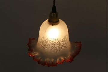 ヴィンテージ照明　イギリスビンテージ　エッチングガラスとフリルシェードがお洒落なペンダントライト(ランプシェード、天井照明)(R-042997)