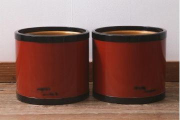昭和初期　根来塗　高級感あふれる色使いの火鉢一対・箱付き(手焙り、漆塗り)(R-043020)