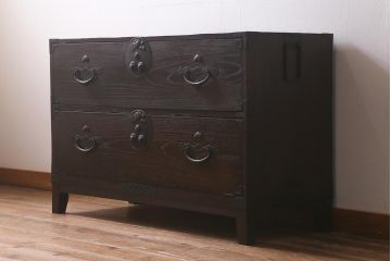 アンティーク家具　明治大正期　二本松箪笥リメイク　前板ケヤキ材　フラップダウン扉が便利な脚付きテレビ台(ローボード、テレビボード、収納棚)(R-043022)