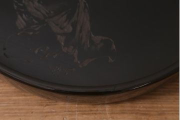 アンティーク雑貨　工芸品　大正昭和初期　俳句　名月や〜　彫刻　上手物!　漆塗り　木製お盆(漆器、トレー、丸盆)(R-043041)