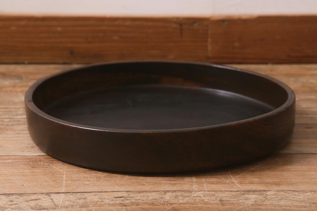 アンティーク雑貨　和製アンティーク　昭和初期　総ケヤキ材　木製　木の風合いが味わい深いお盆(トレー、丸盆)(R-043042)