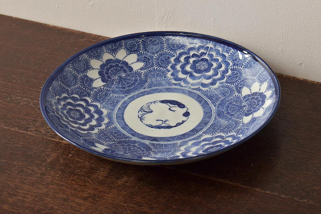 アンティーク雑貨　古民具・骨董　明治期　印判尺皿(大皿、和食器)(R-043050)