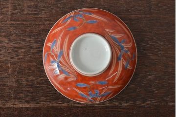 古民具・骨董　江戸期　古伊万里　赤絵蘭模様蓋茶碗2客セット(和食器)(R-043051)