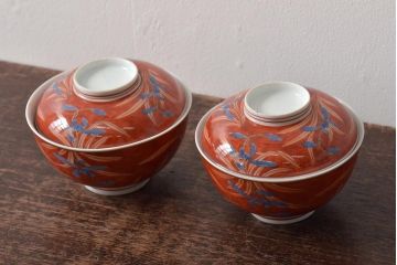 古民具・骨董　江戸期　古伊万里　赤絵蘭模様蓋茶碗2客セット(和食器)(R-043051)