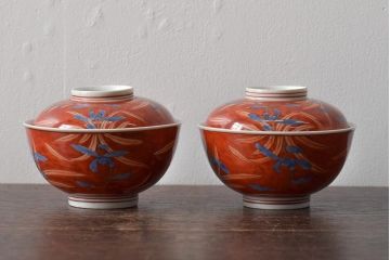 古民具・骨董　江戸期　古伊万里　赤絵蘭模様蓋茶碗2客セット(和食器)(R-043051)