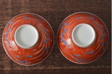 古民具・骨董　江戸期　古伊万里　赤絵蘭模様蓋茶碗2客セット(和食器)(R-043051)