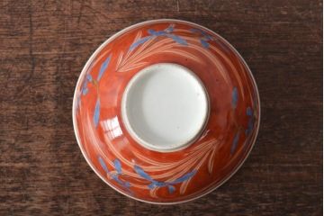 古民具・骨董　江戸期　古伊万里　赤絵蘭模様蓋茶碗2客セット(和食器)(R-043051)
