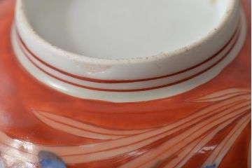 古民具・骨董　江戸期　古伊万里　赤絵蘭模様蓋茶碗2客セット(和食器)(R-043051)