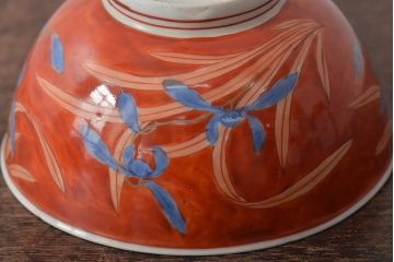 古民具・骨董　江戸期　古伊万里　赤絵蘭模様蓋茶碗2客セット(和食器)(R-043051)