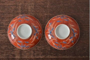 古民具・骨董　江戸期　古伊万里　赤絵蘭模様蓋茶碗2客セット(和食器)(R-043051)