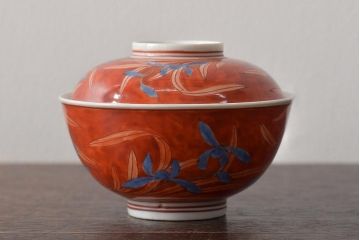 古民具・骨董　江戸期　古伊万里　赤絵蘭模様蓋茶碗2客セット(和食器)(R-043051)