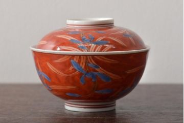 古民具・骨董　江戸期　古伊万里　赤絵蘭模様蓋茶碗2客セット(和食器)(R-043051)