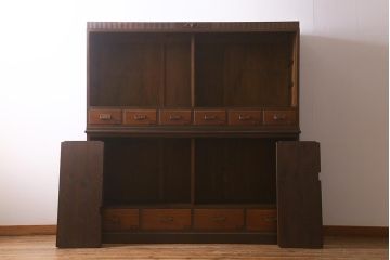 アンティーク家具　上手物!　ナラ材　大正ロマン　四枚引き戸　おしゃれな意匠が目を引く重ねガラス戸棚(収納棚、飾り棚、キャビネット)(R-043056)