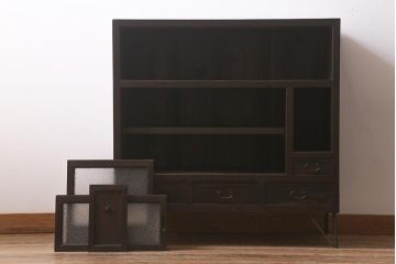 アンティーク家具　鉄脚リメイク　ヒノキ材　引き出し前板黒柿材　レトロなサイドボード(戸棚、茶棚、収納棚)(R-043058)