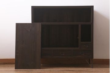 アンティーク家具　鉄脚リメイク　ヒノキ材　引き出し前板黒柿材　レトロなサイドボード(戸棚、茶棚、収納棚)(R-043058)