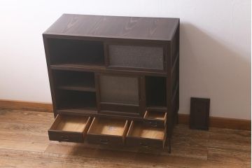 アンティーク家具　鉄脚リメイク　ヒノキ材　引き出し前板黒柿材　レトロなサイドボード(戸棚、茶棚、収納棚)(R-043058)