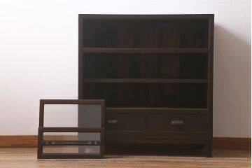 アンティーク家具　脚付きリメイク　ヒノキ材　前板カバ材　古い木の質感が味わい深いサイドボード(リビングボード、キャビネット、収納棚、ガラス戸棚)(R-043059)