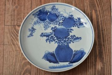 アンティーク雑貨　江戸期　古伊万里　花籠図　染付　尺皿(大皿)(R-043066)