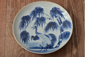 アンティーク雑貨　幕末〜明治期　伊万里焼　竹鶴図　染付　尺二寸大皿(R-043068)