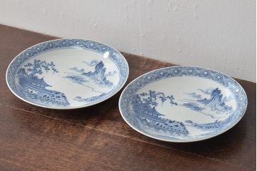 アンティーク雑貨　明治期　楼閣・山水・人物図　染付　八寸皿2枚セット(中皿、伊万里)(R-043070)