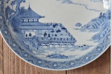 アンティーク雑貨　明治期　楼閣・山水・人物図　染付　八寸皿2枚セット(中皿、伊万里)(R-043070)