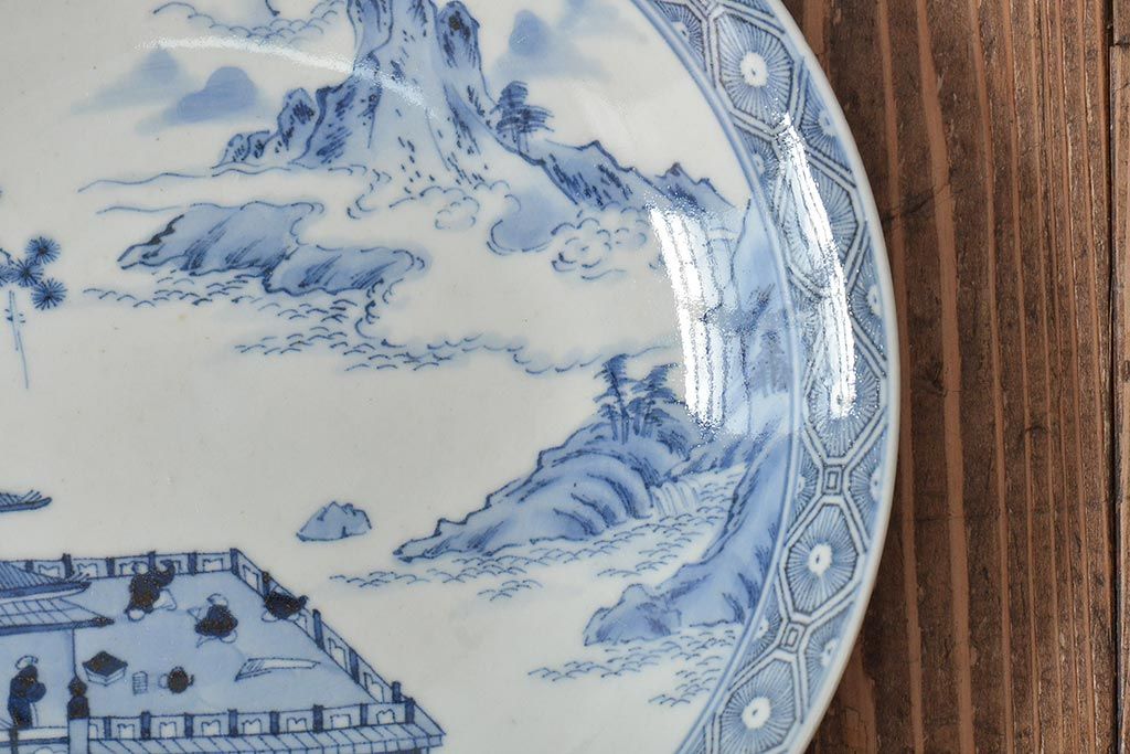 アンティーク雑貨　明治期　楼閣・山水・人物図　染付　八寸皿2枚セット(中皿、伊万里)(R-043071)