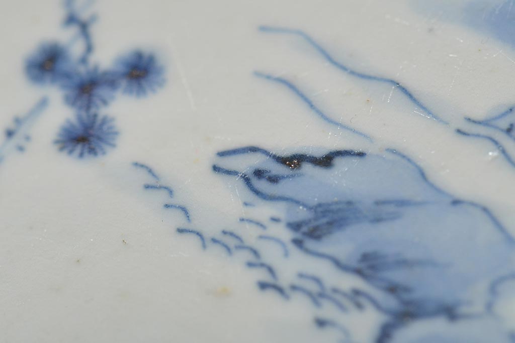 アンティーク雑貨　明治期　楼閣・山水・人物図　染付　八寸皿2枚セット(中皿、伊万里)(R-043071)