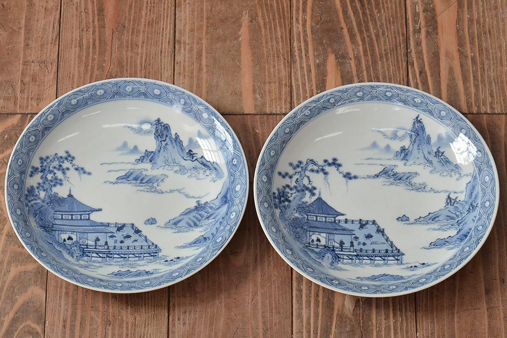 アンティーク雑貨　明治期　楼閣・山水・人物図　染付　八寸皿2枚セット(中皿、伊万里)(R-043072)