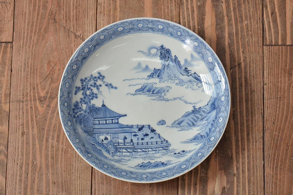 アンティーク雑貨　明治期　楼閣・山水・人物図　染付　八寸皿2枚セット(中皿、伊万里)(R-043072)