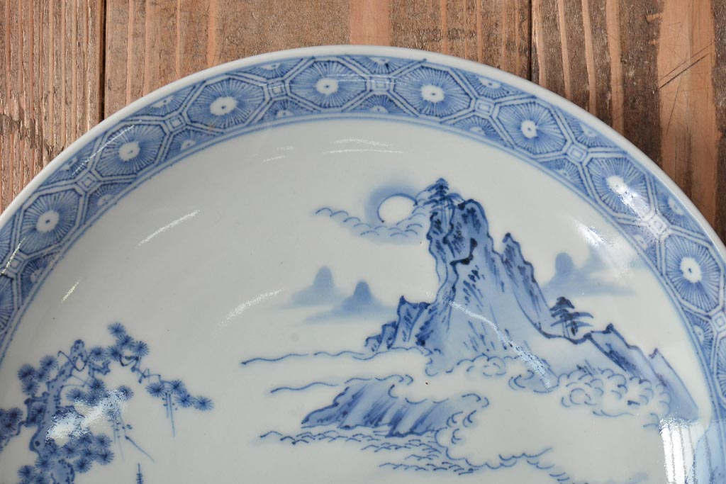 アンティーク雑貨　明治期　楼閣・山水・人物図　染付　八寸皿2枚セット(中皿、伊万里)(R-043072)
