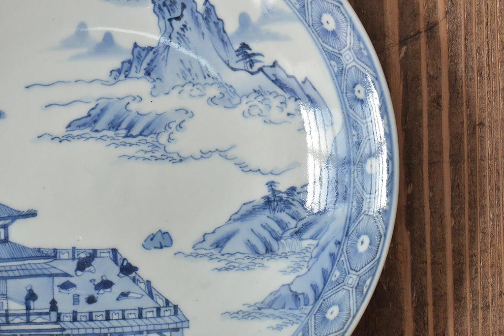 アンティーク雑貨　明治期　楼閣・山水・人物図　染付　八寸皿2枚セット(中皿、伊万里)(R-043072)